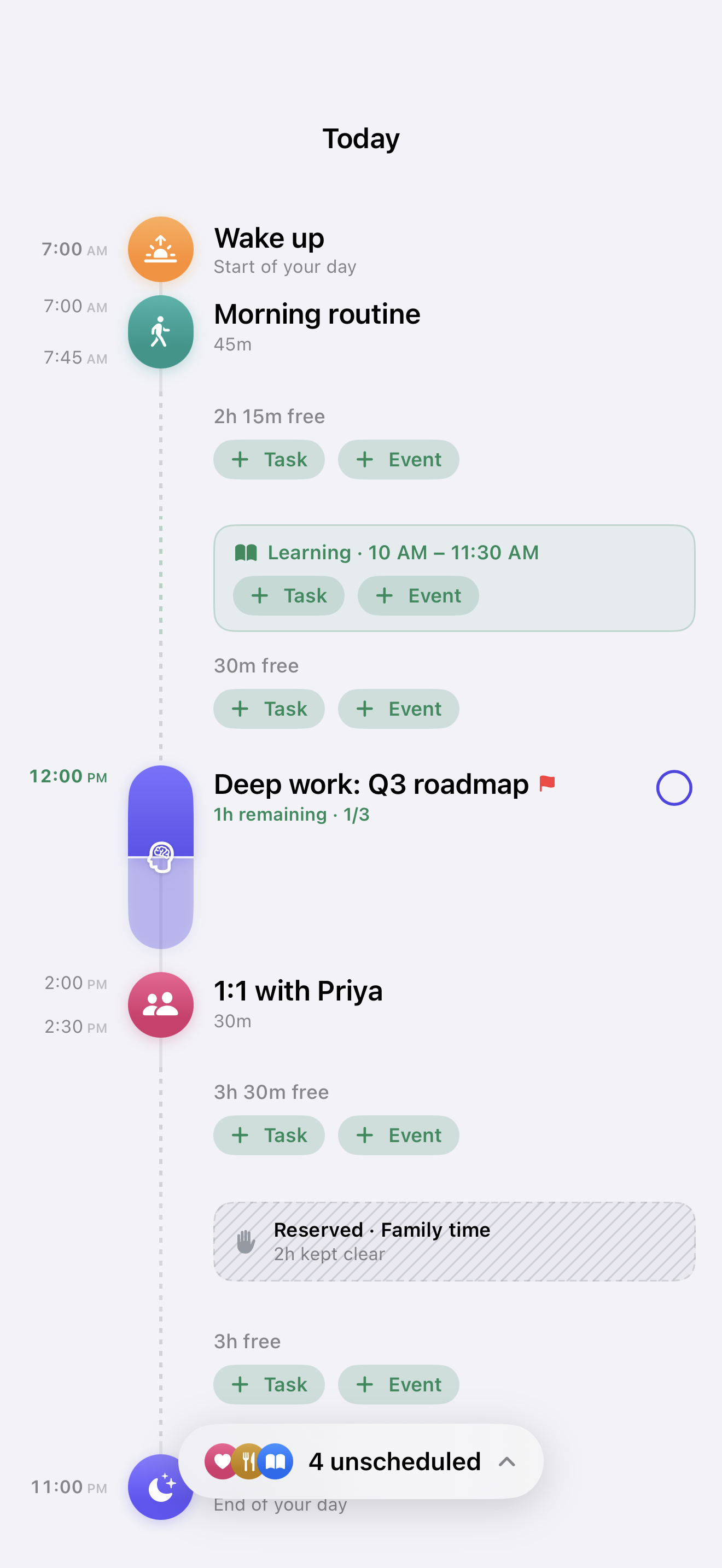 Vertical day timeline from wake to sleep