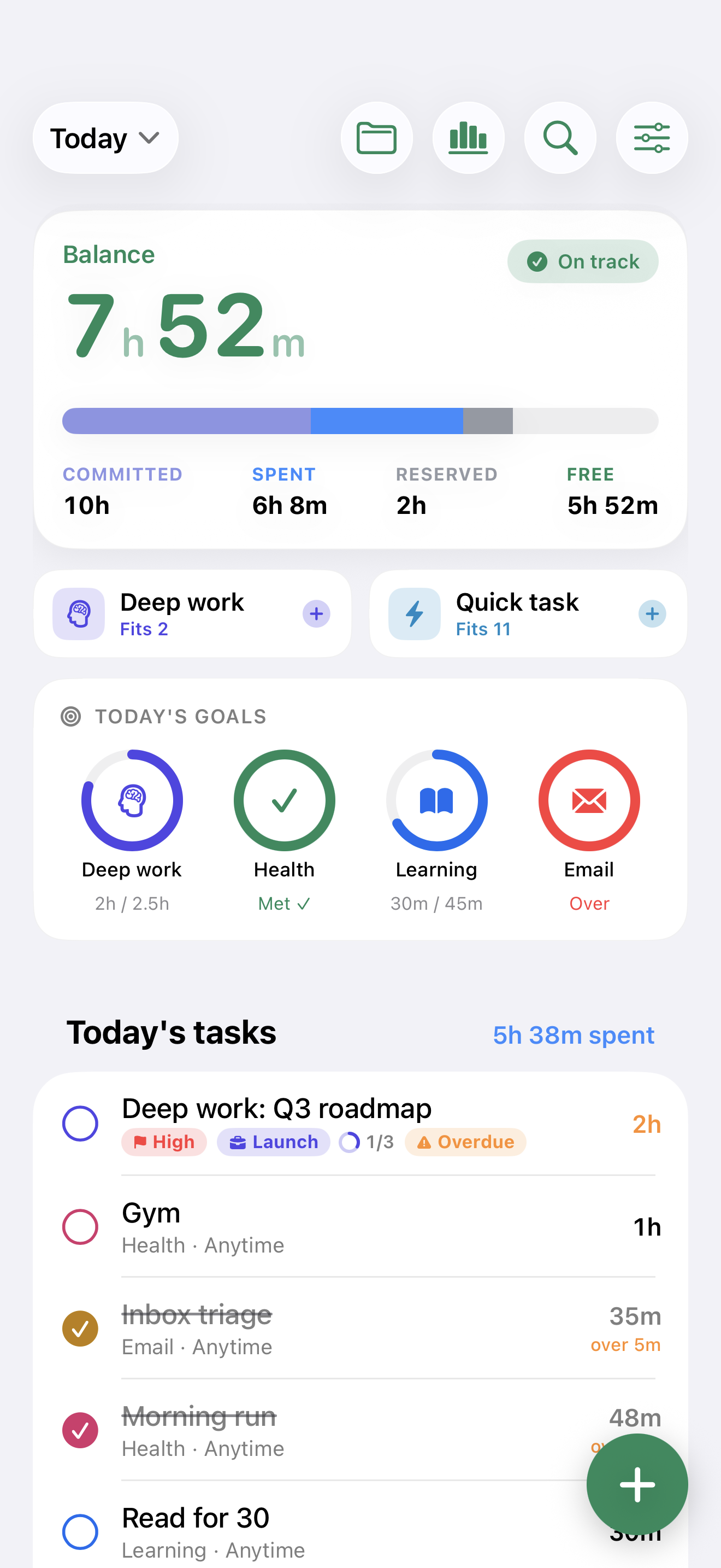 Today screen with the day's balance and tasks